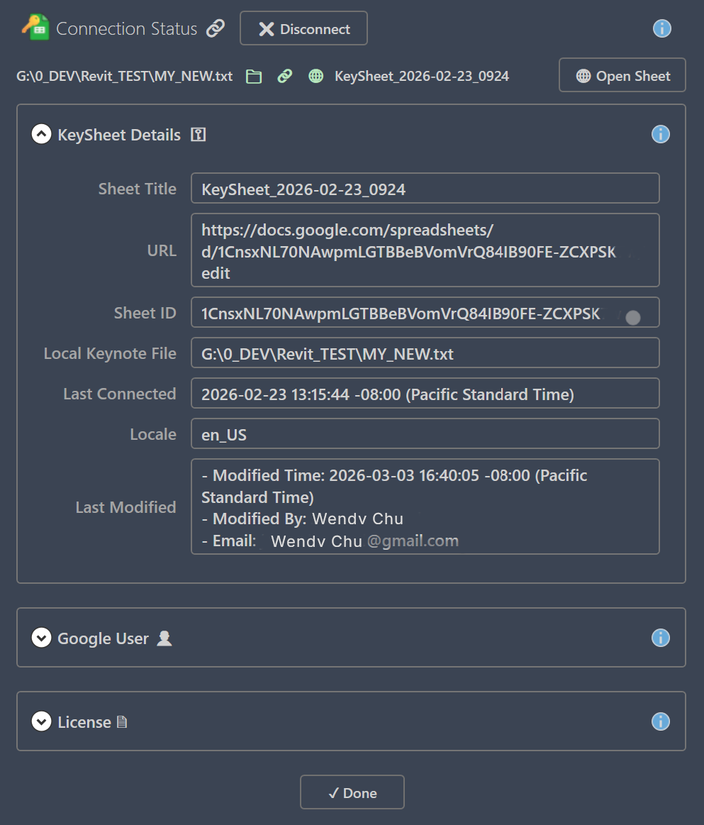 KeySheet connection status details